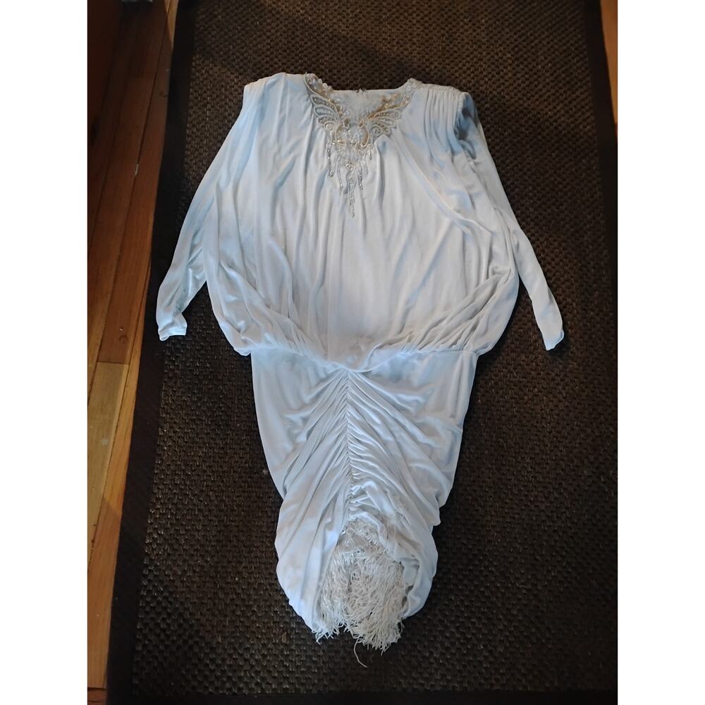 1980s? Women's White Beaded Flapper Style Dress Medium? Fringe On Bottom